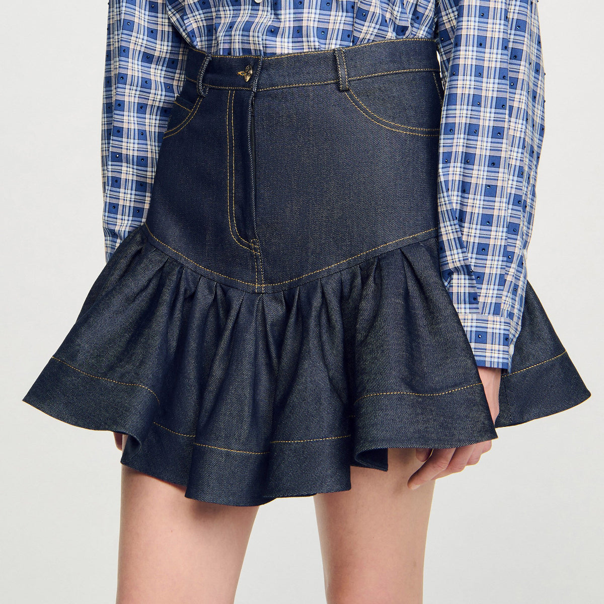 Mini denim ruffled skirt | Sandro