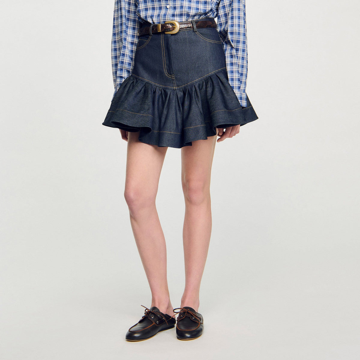 Mini denim ruffled skirt | Sandro