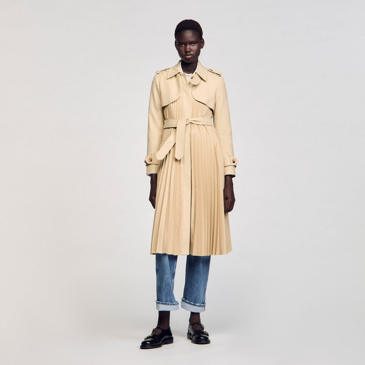 Pleated trench coat with belt | Sandro