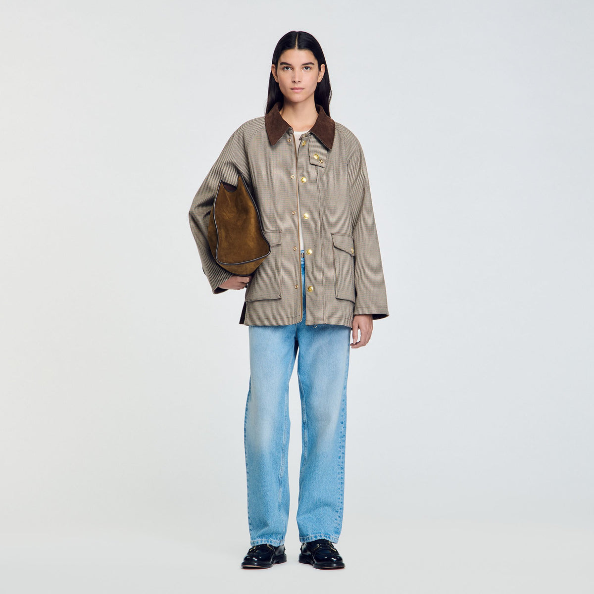 Check coat with velvet collar | Sandro