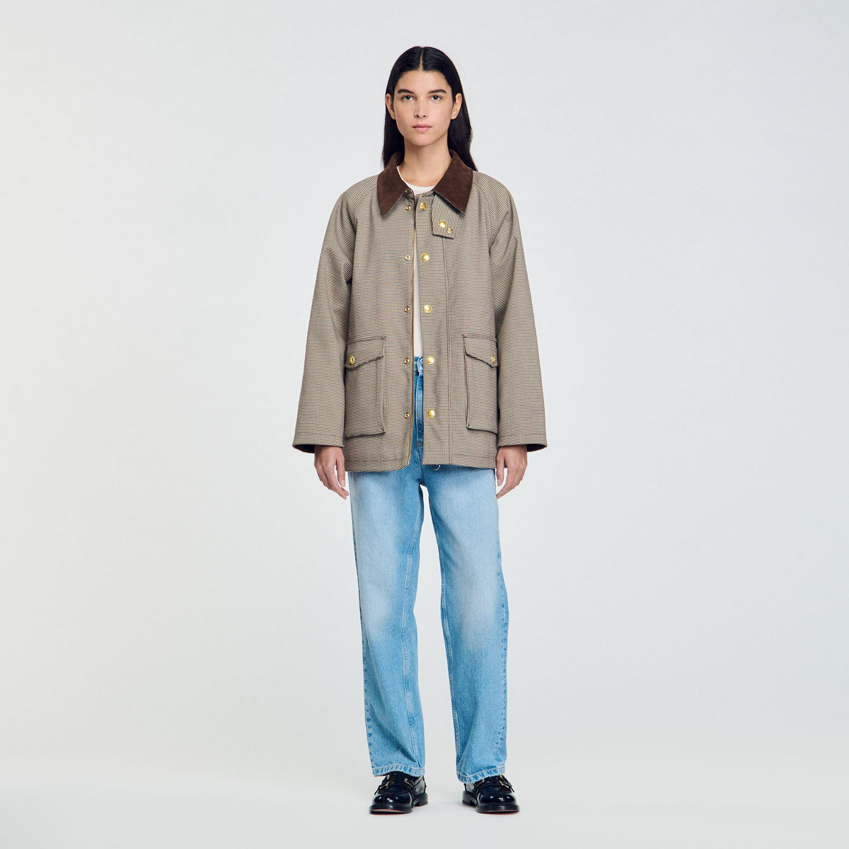 Check coat with velvet collar | Sandro