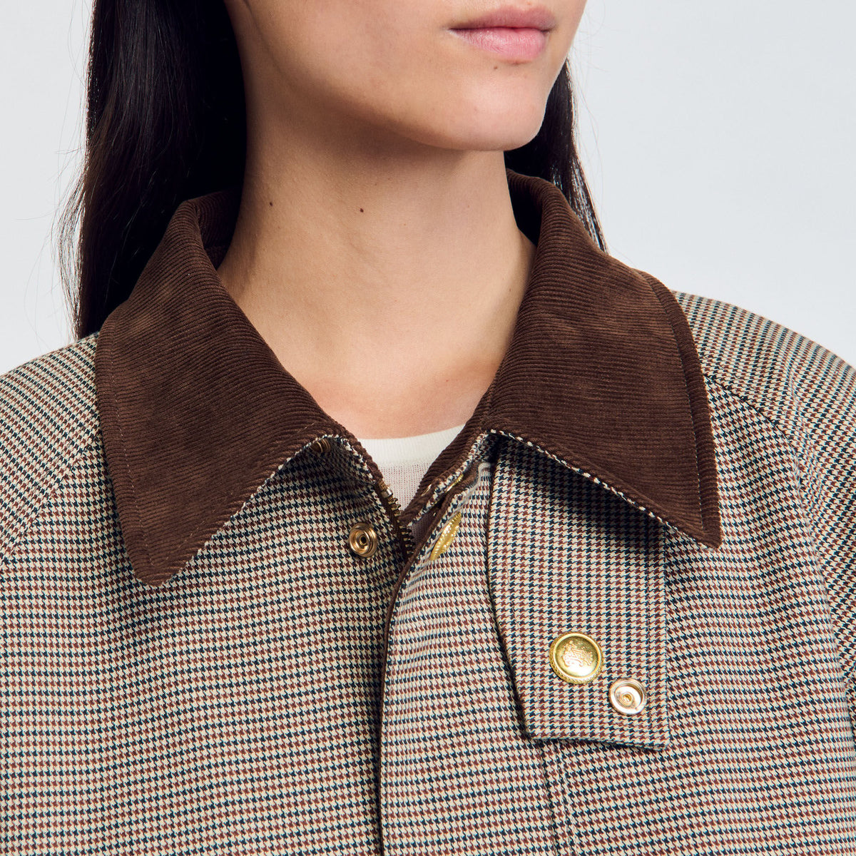 Check coat with velvet collar | Sandro