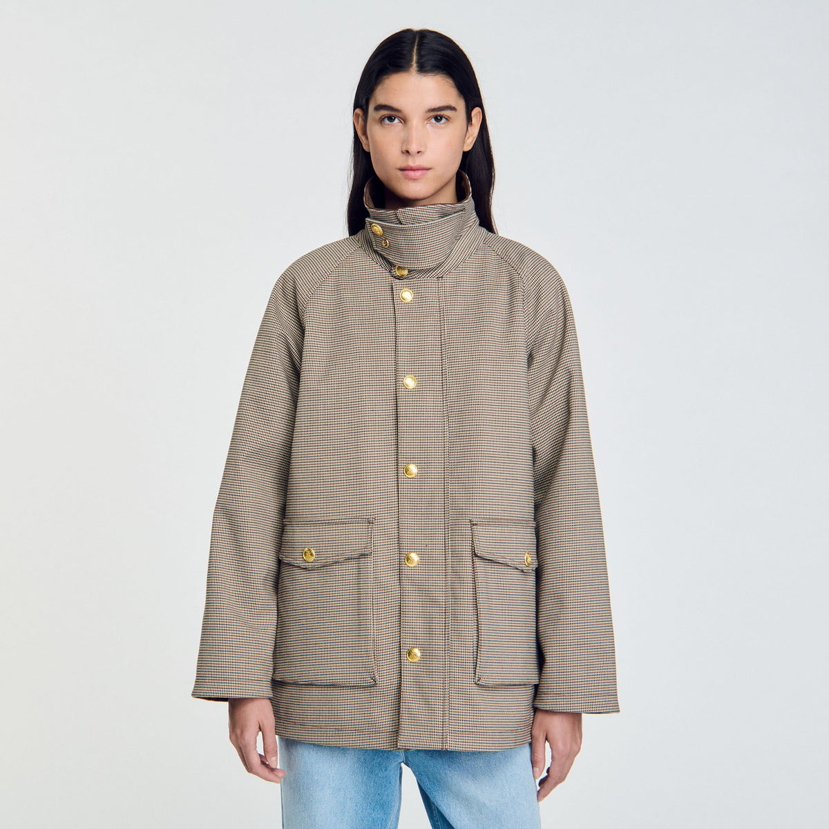 Check coat with velvet collar | Sandro