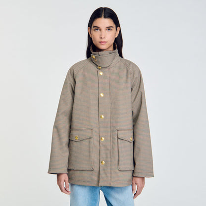 Check coat with velvet collar | Sandro