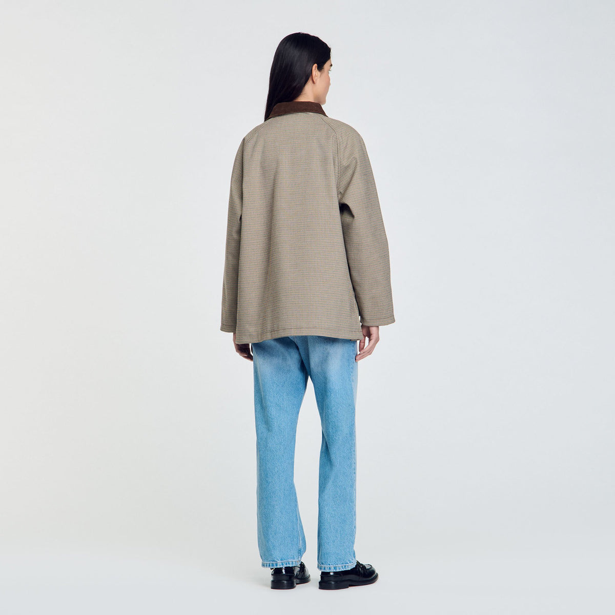 Check coat with velvet collar | Sandro