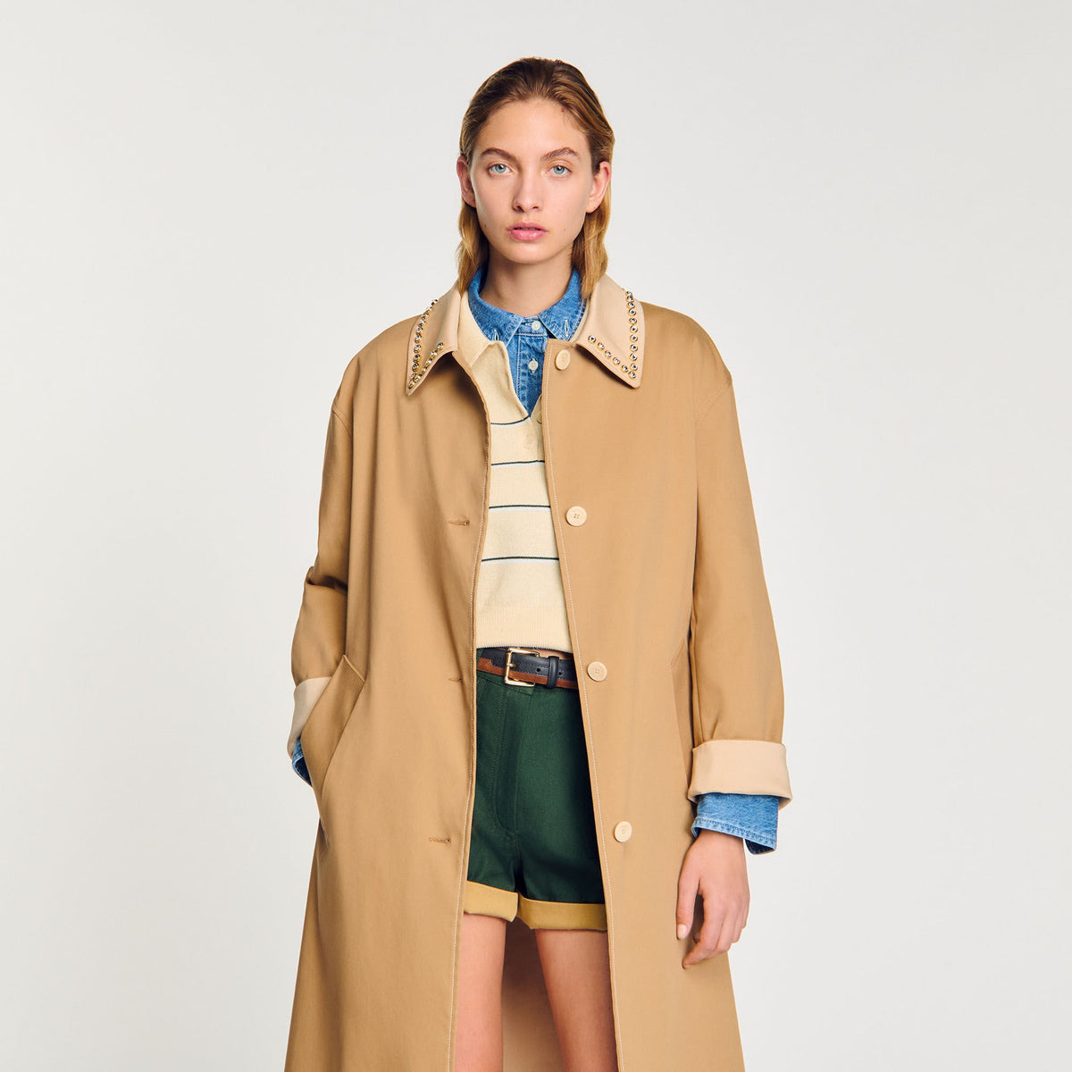 Trench coat with rhinestone collar | Sandro