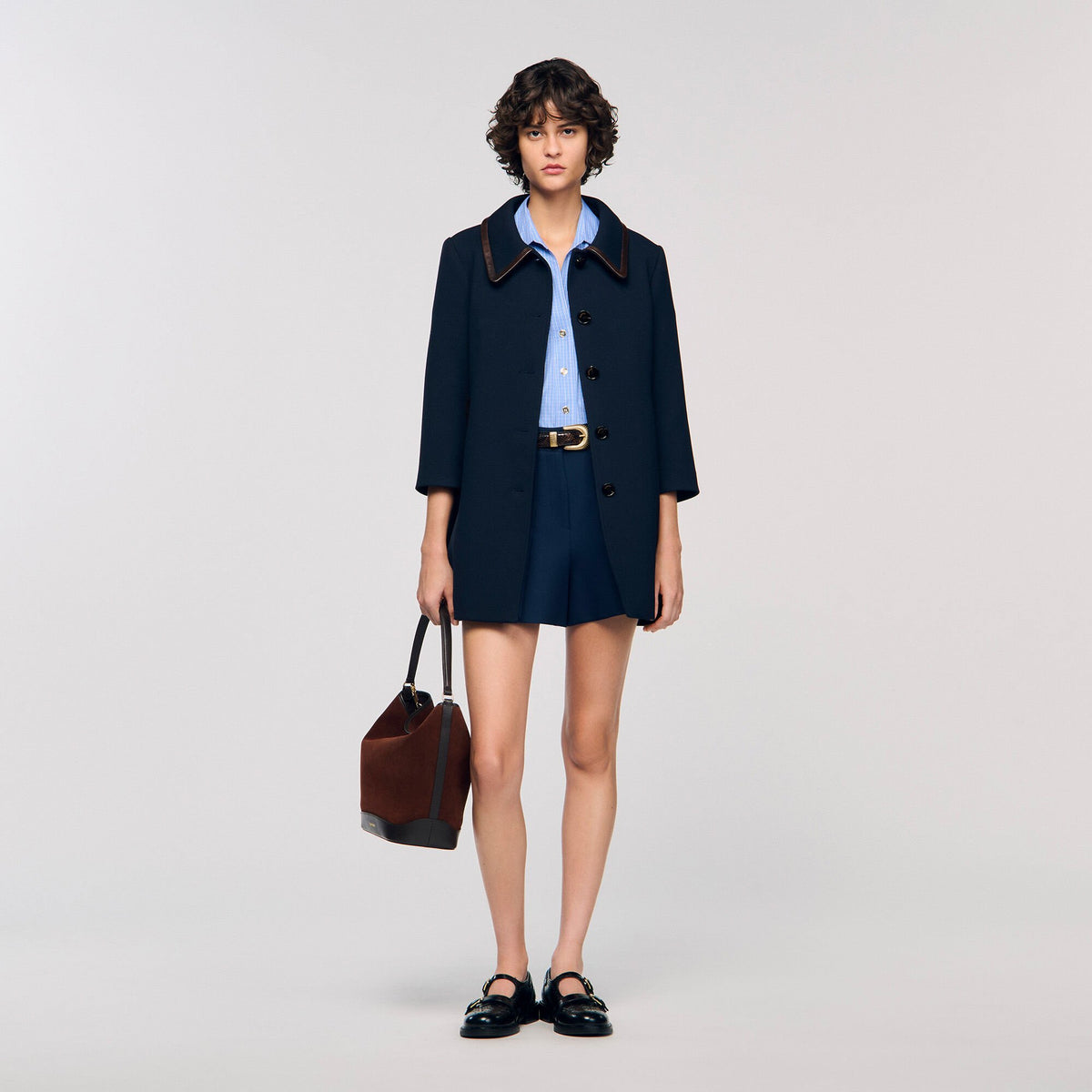 Coat with leather stripes | Sandro