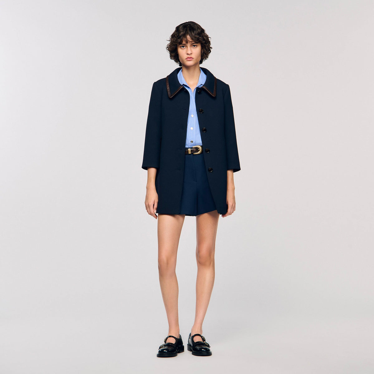 Coat with leather stripes | Sandro