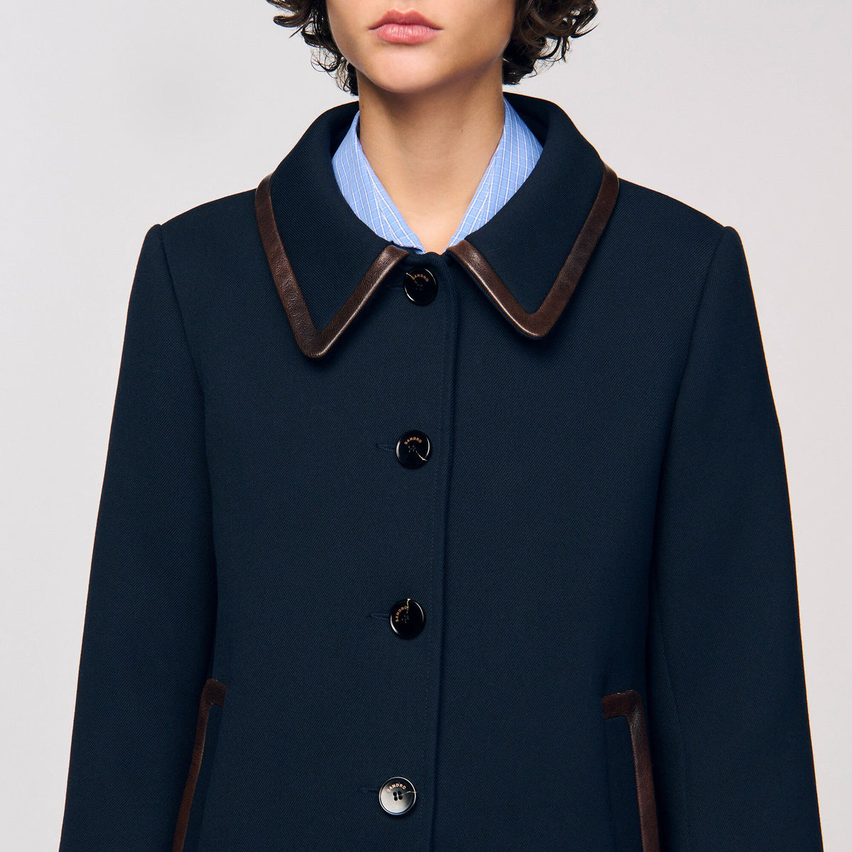Coat with leather stripes | Sandro