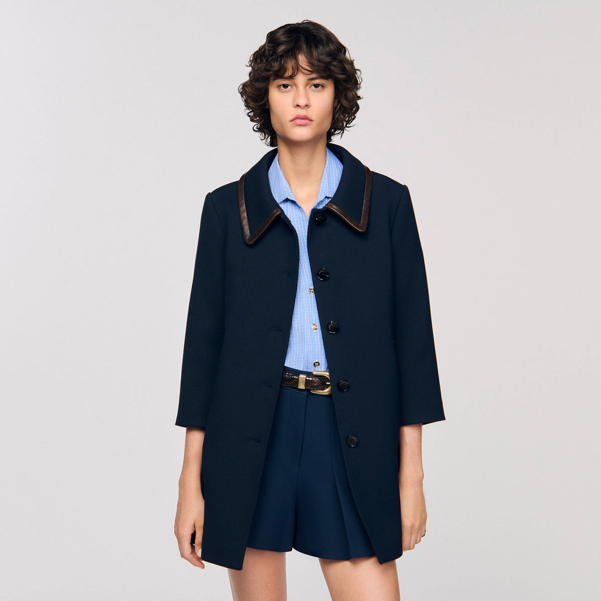 Coat with leather stripes | Sandro
