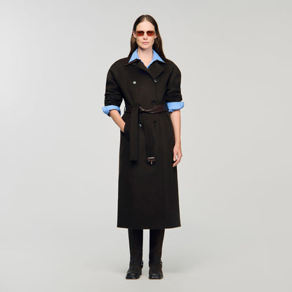 Long wool and leather coat | Sandro