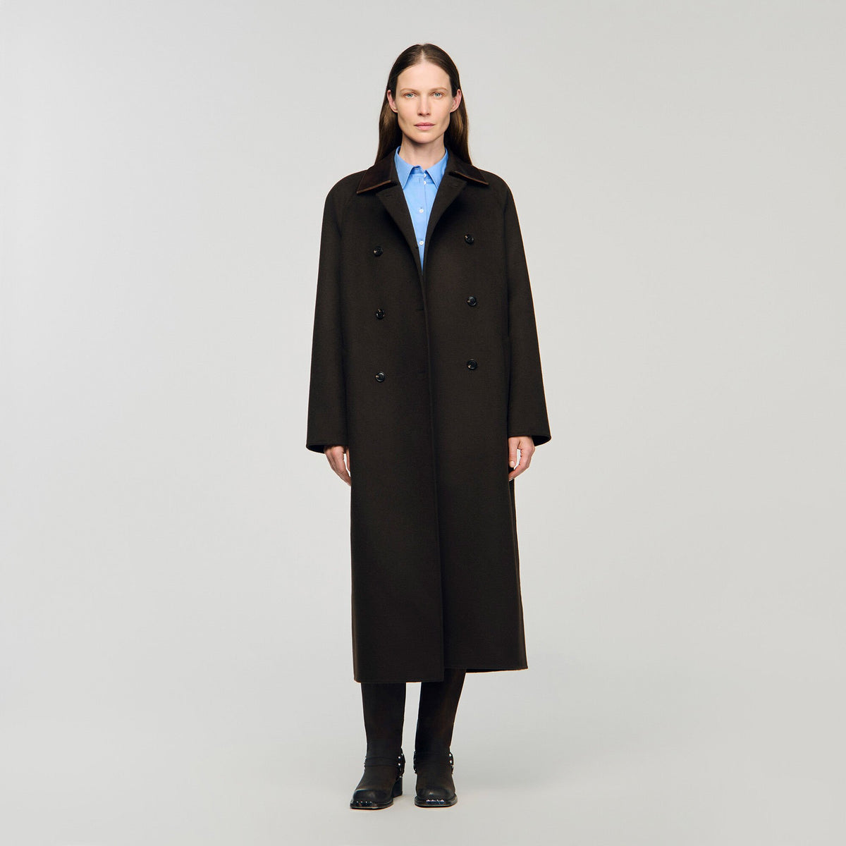 Long wool and leather coat | Sandro