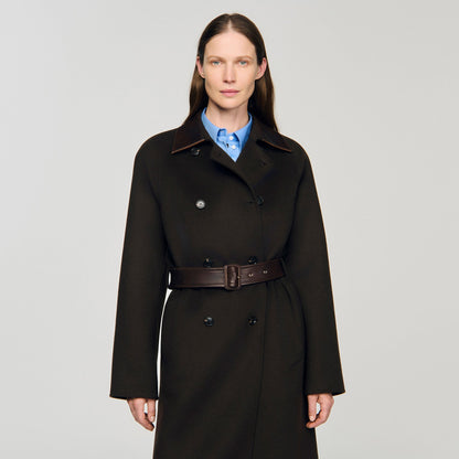 Long wool and leather coat | Sandro