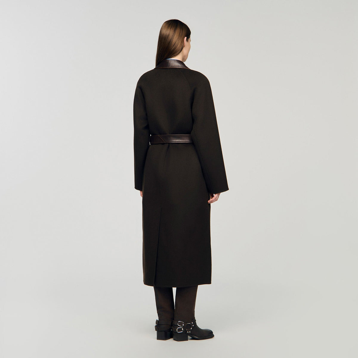 Long wool and leather coat | Sandro