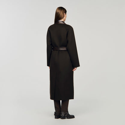 Long wool and leather coat | Sandro