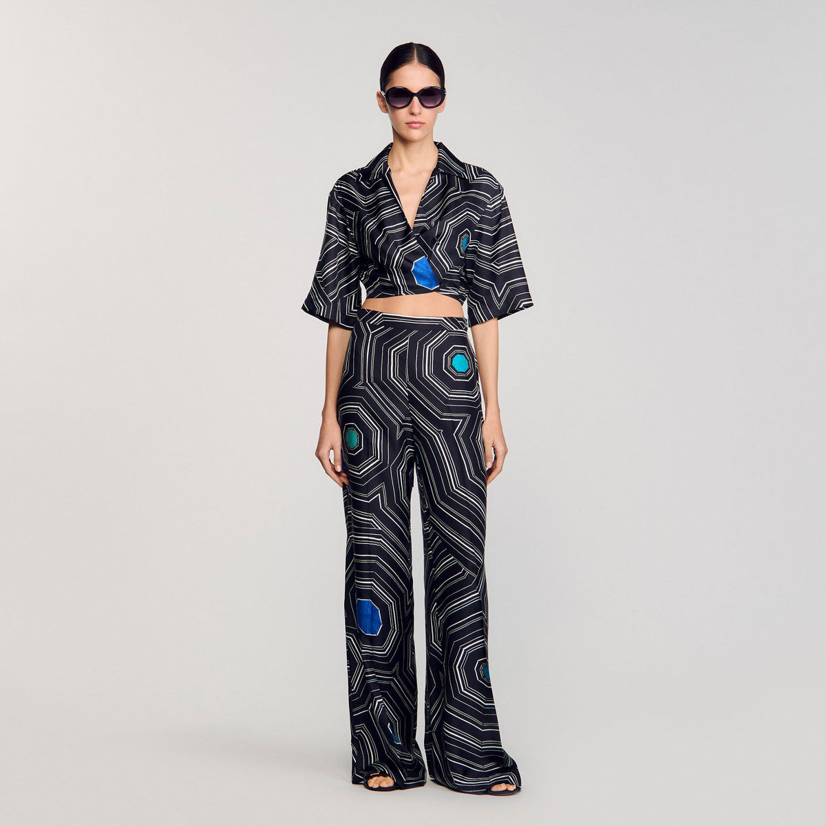 Spiral-print silk trousers | Sandro