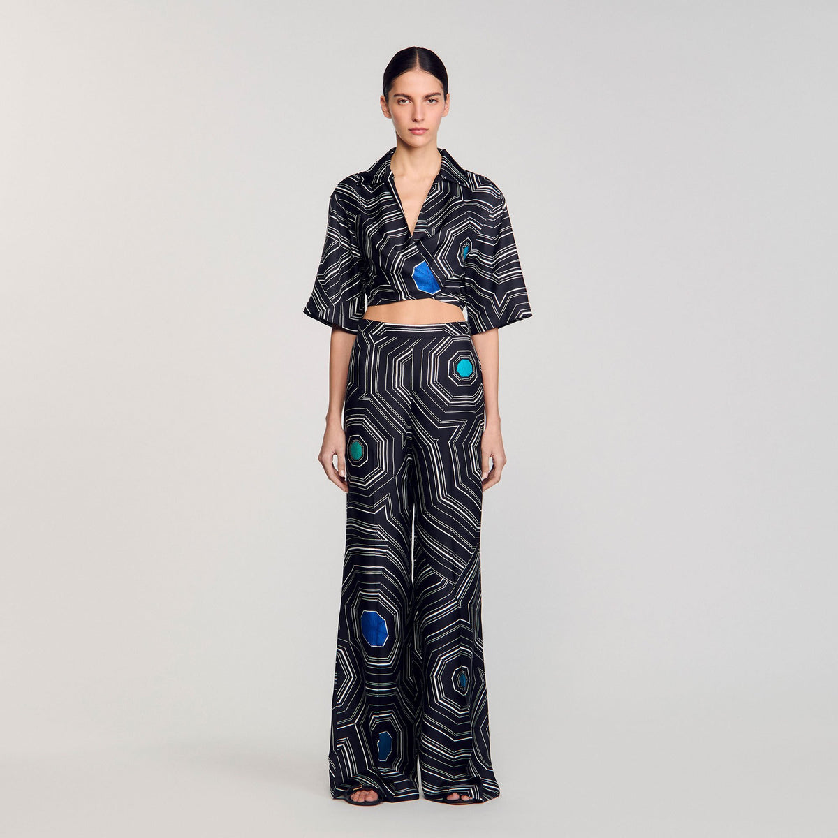 Spiral-print silk trousers | Sandro