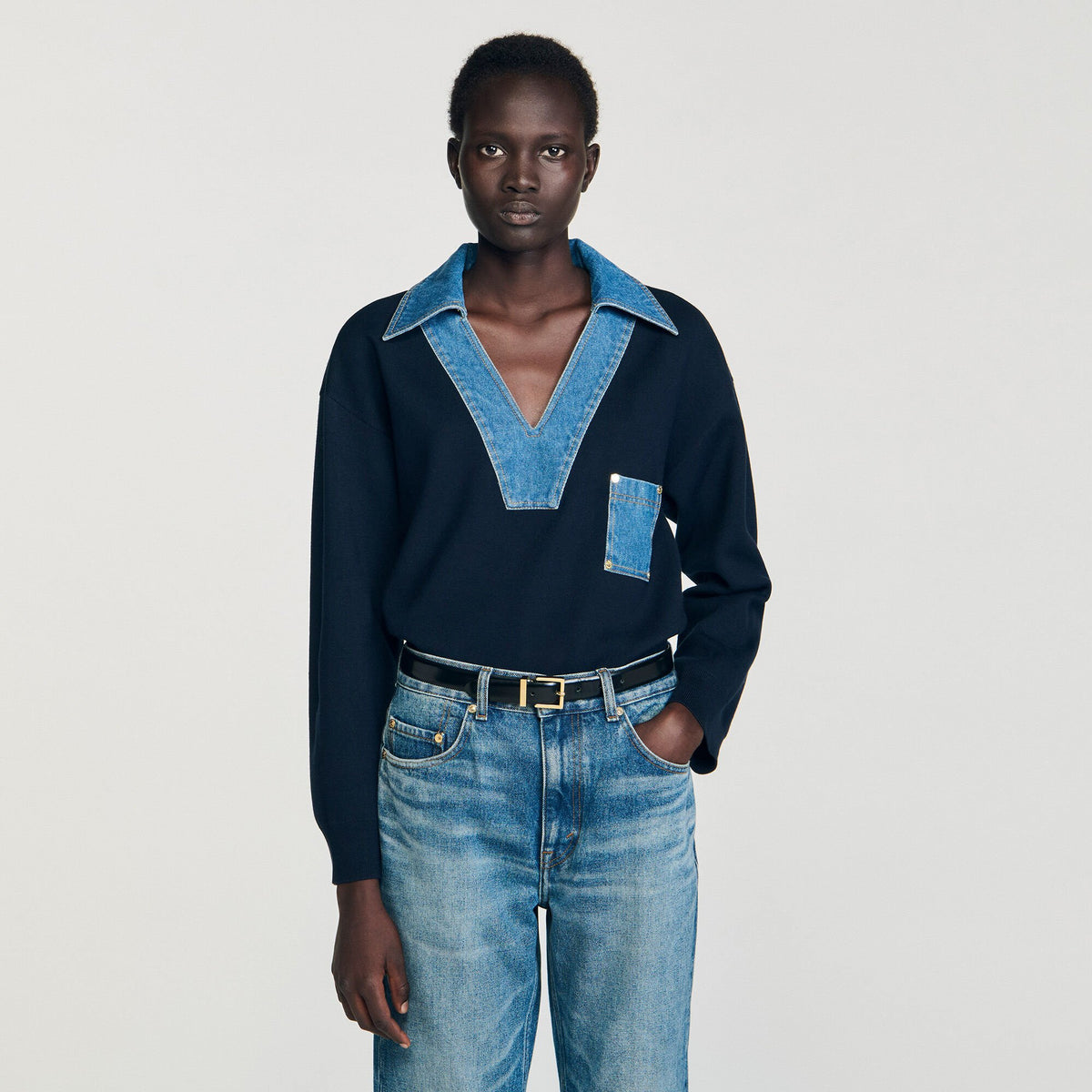 Sweater with denim details | Sandro