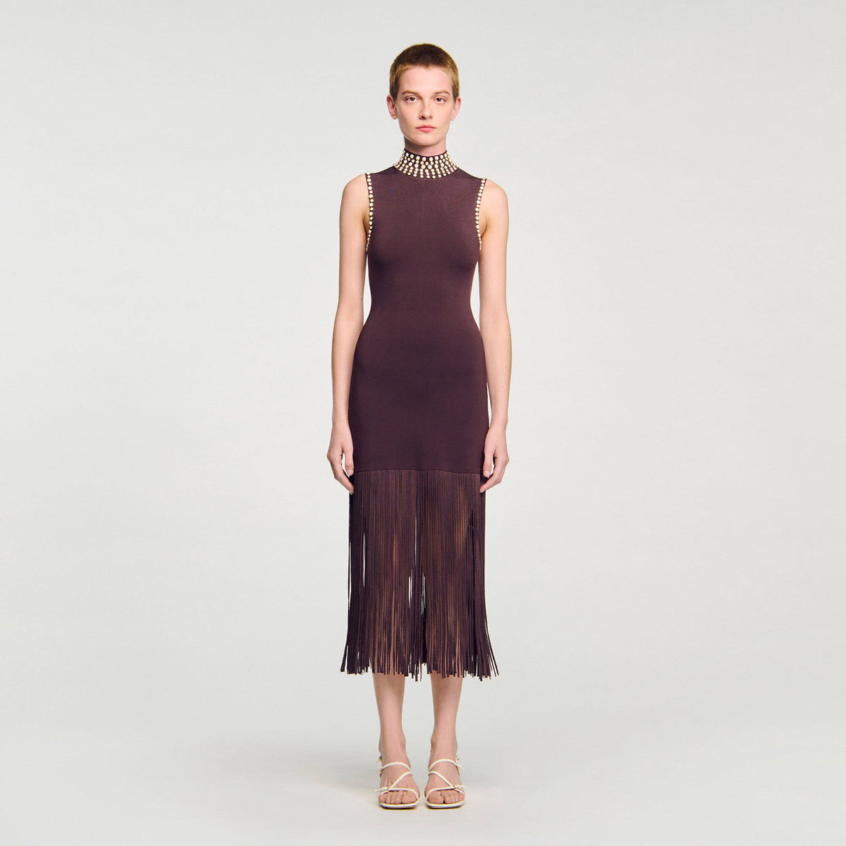 Fringed knit midi dress | Sandro