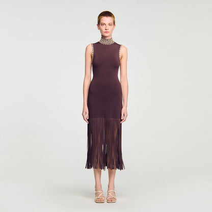 Fringed knit midi dress | Sandro