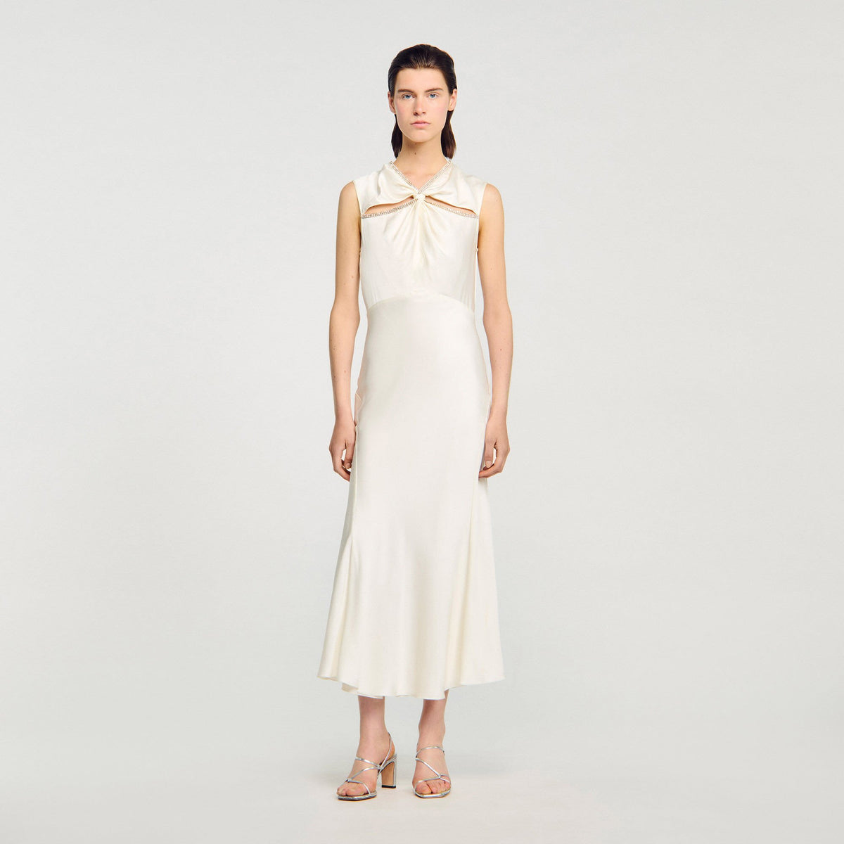 Satin maxi dress with rhinestones | Sandro