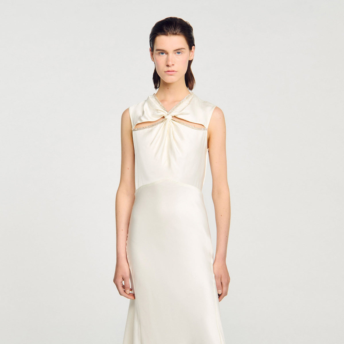 Satin maxi dress with rhinestones | Sandro