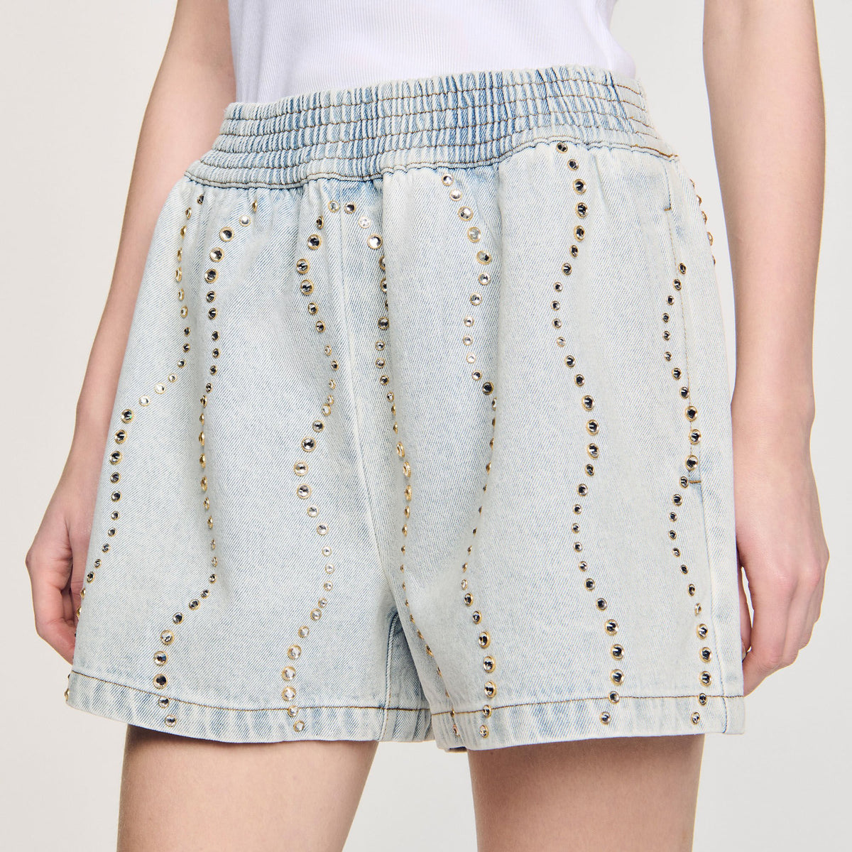 Beaded and rhinestone denim shorts | Sandro