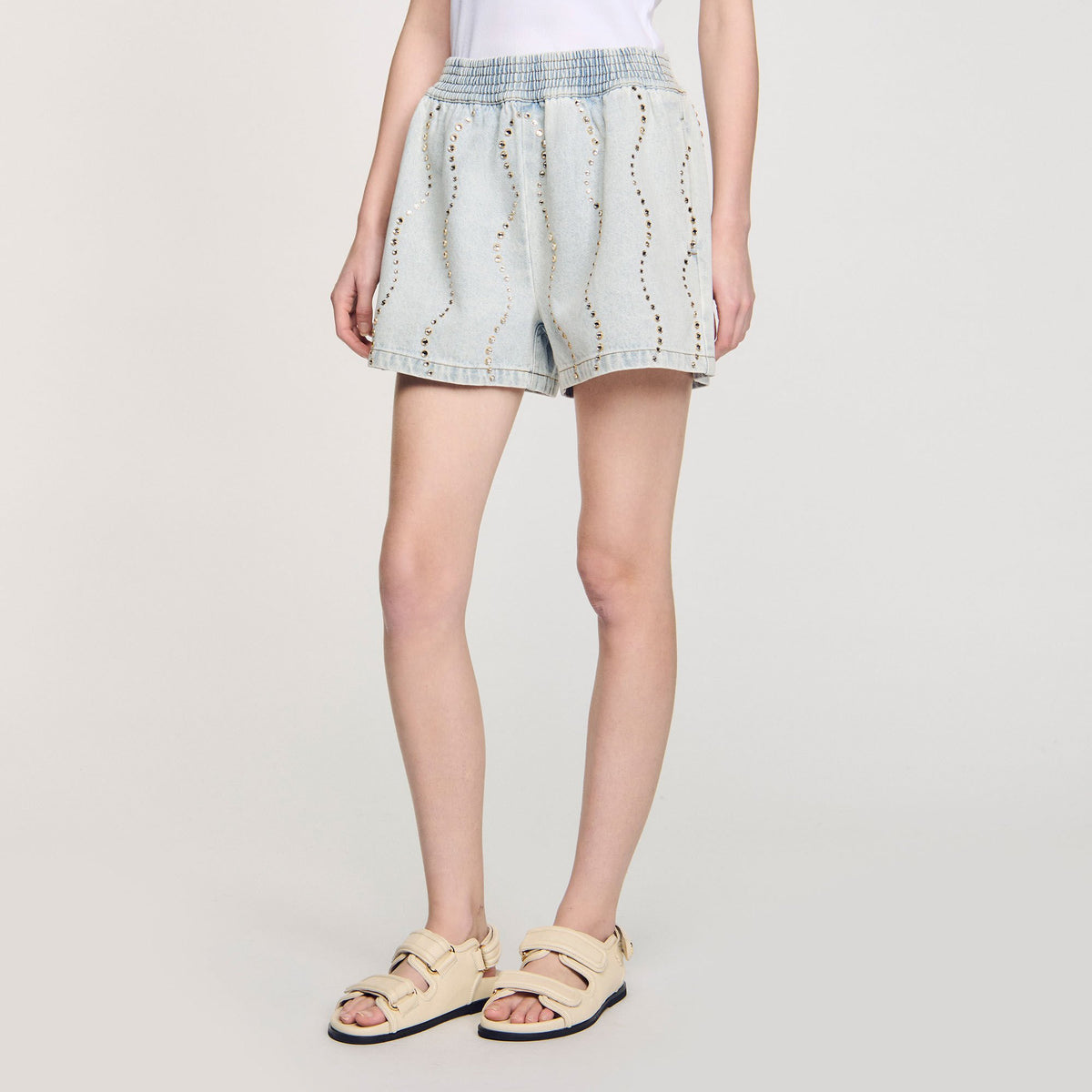 Beaded and rhinestone denim shorts | Sandro