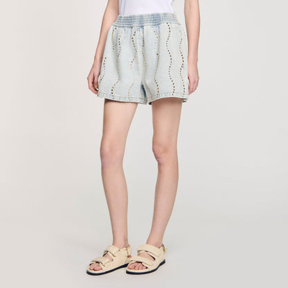 Beaded and rhinestone denim shorts | Sandro