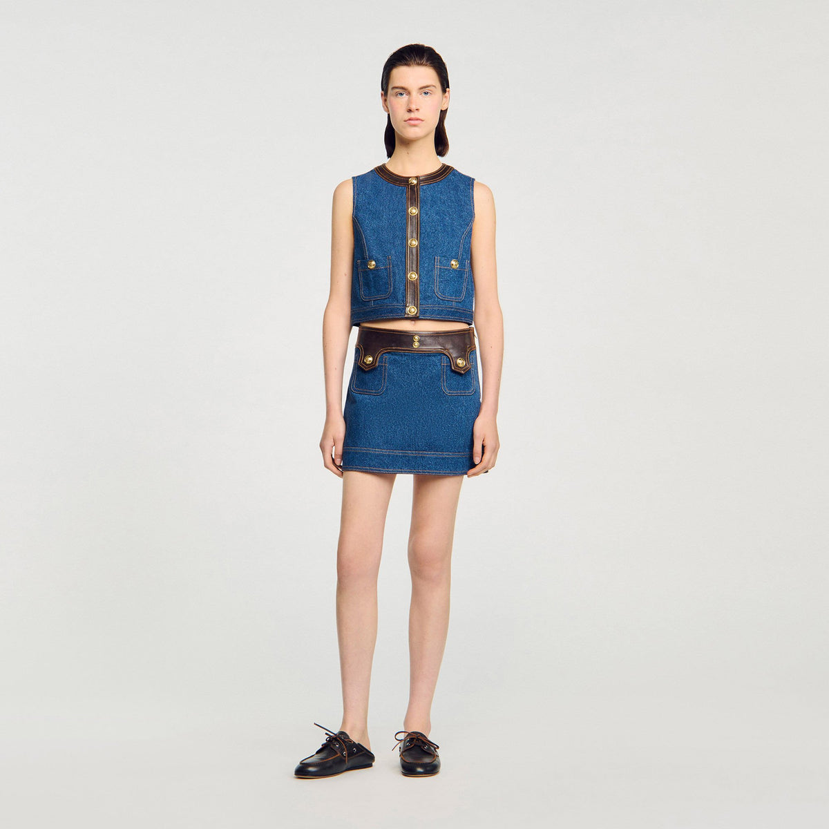 Denim and leather top | Sandro
