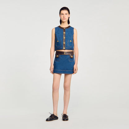 Denim and leather top | Sandro