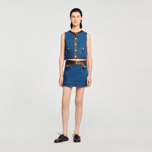 Denim and leather top | Sandro