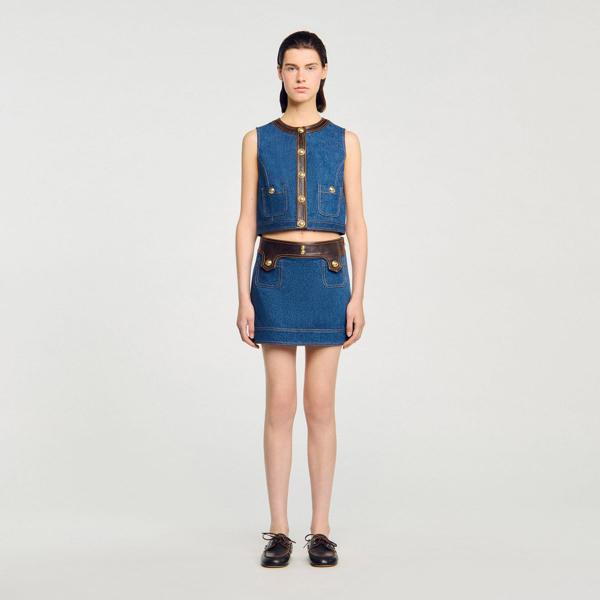 Denim and leather top | Sandro
