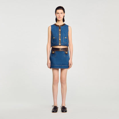 Denim and leather top | Sandro