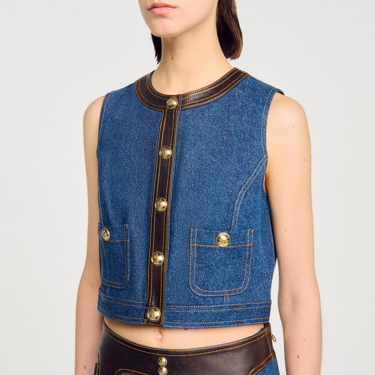 Denim and leather top | Sandro