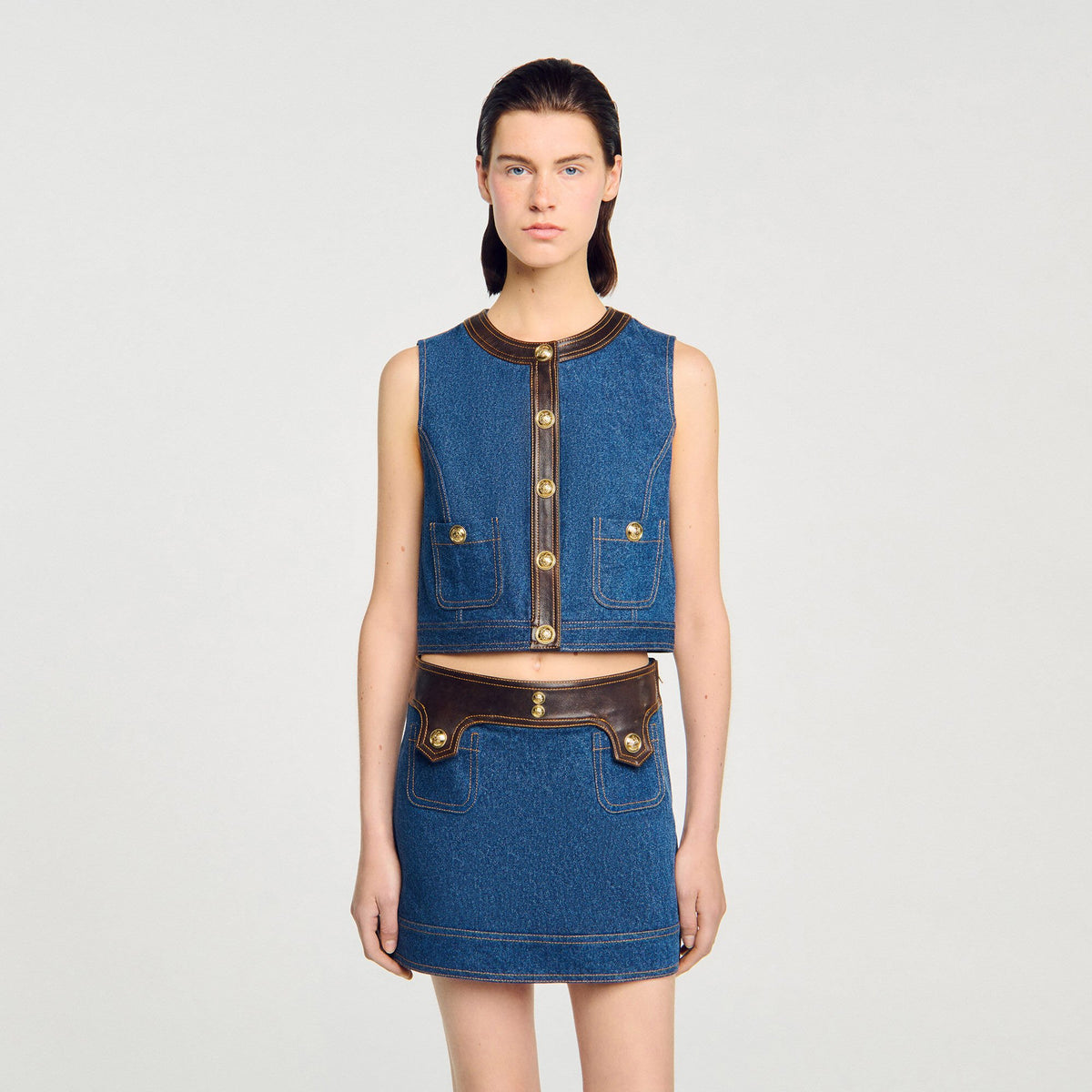 Denim and leather top | Sandro