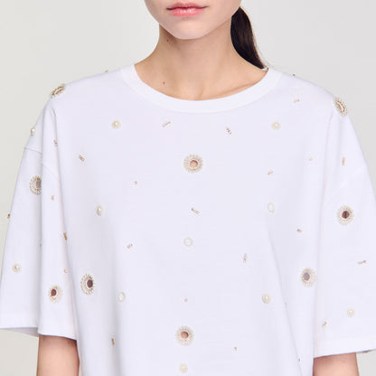 Cropped pearl bead T-shirt | Sandro