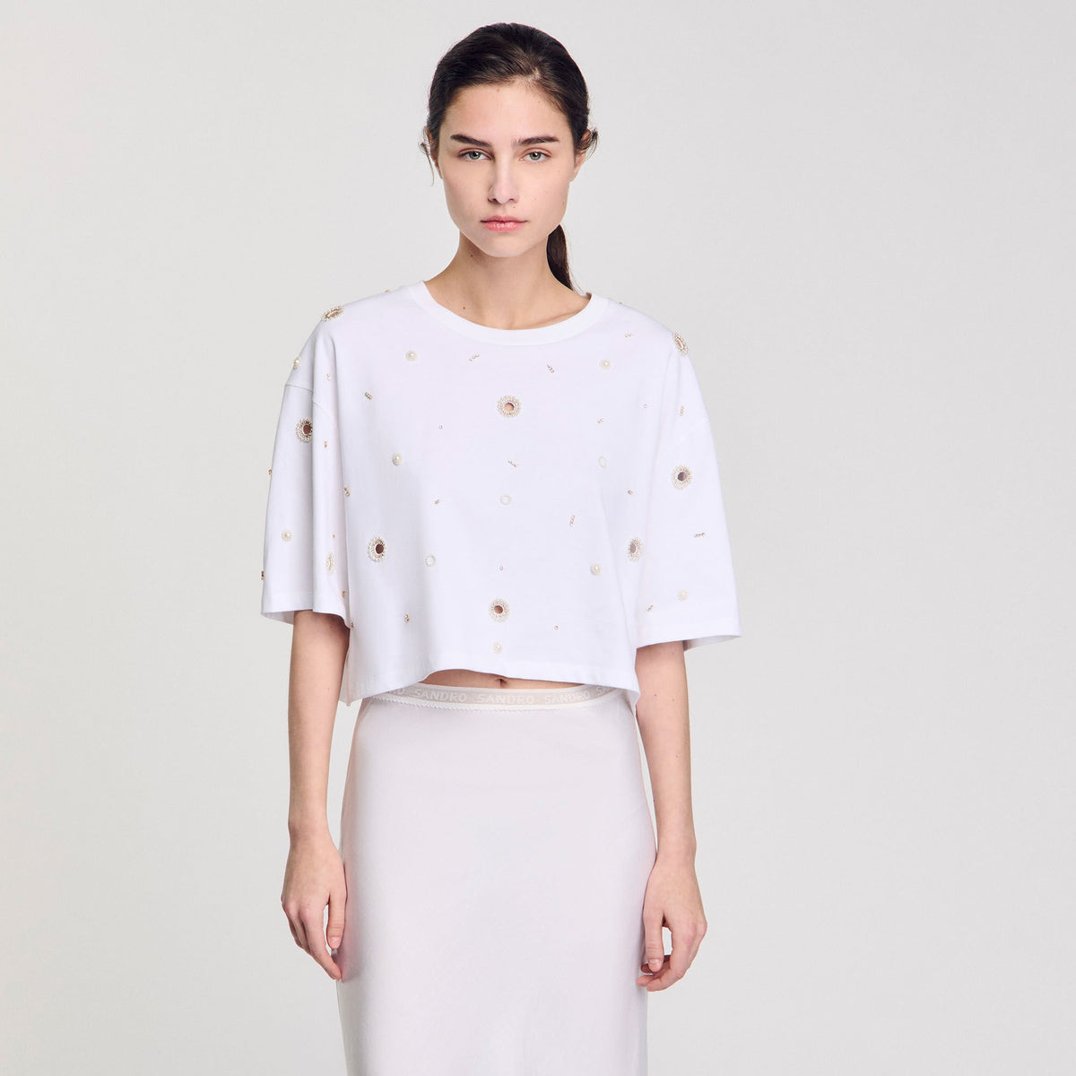 Cropped pearl bead T-shirt | Sandro