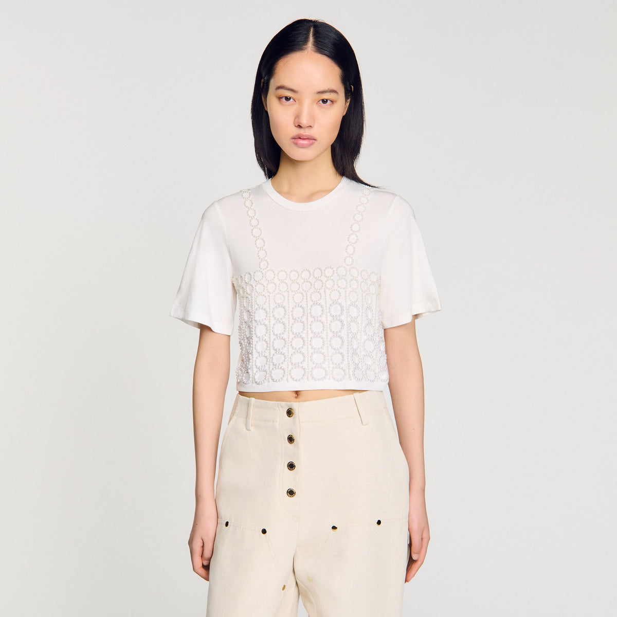 Beaded cropped T-shirt | Sandro