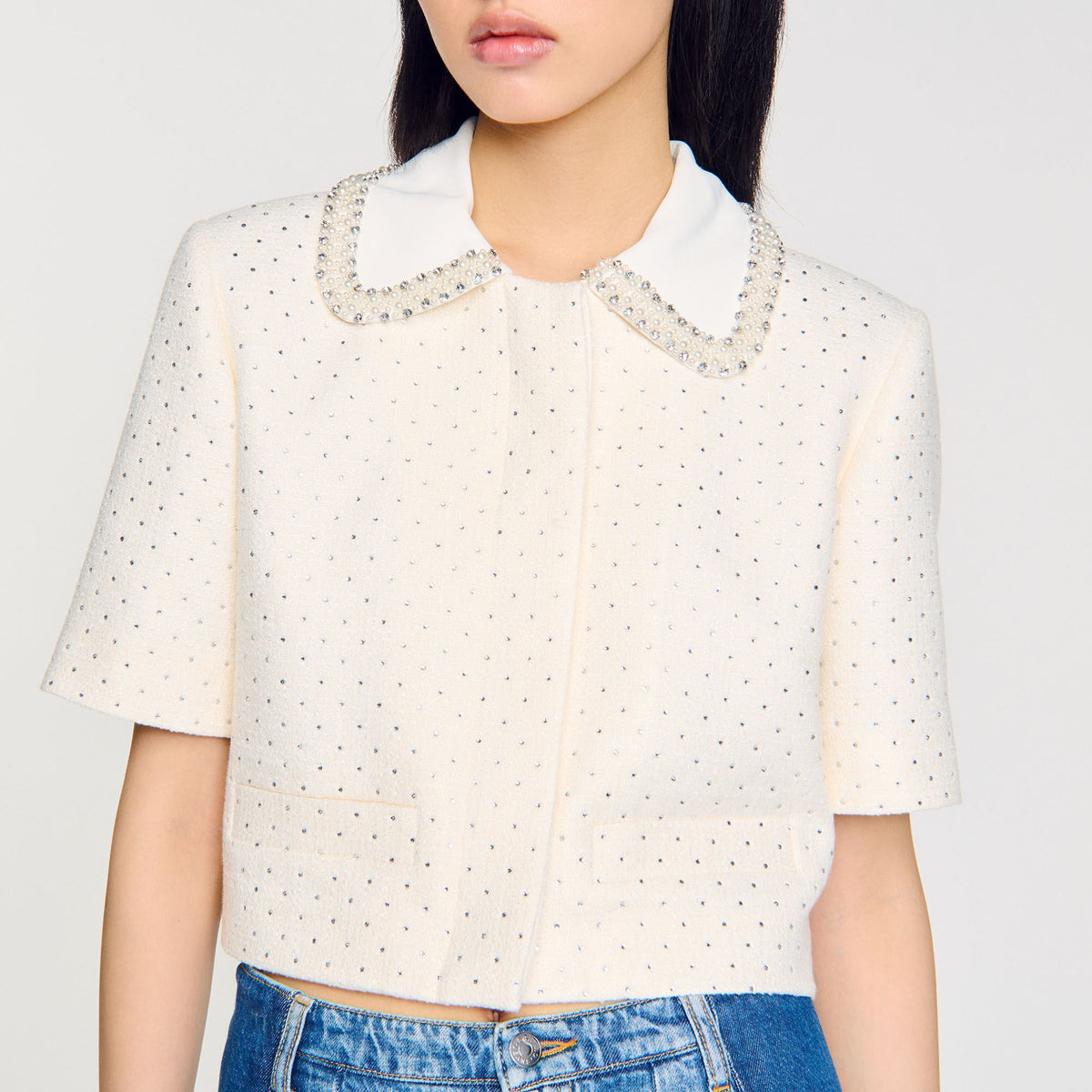 Short-sleeved rhinestone jacket | Sandro