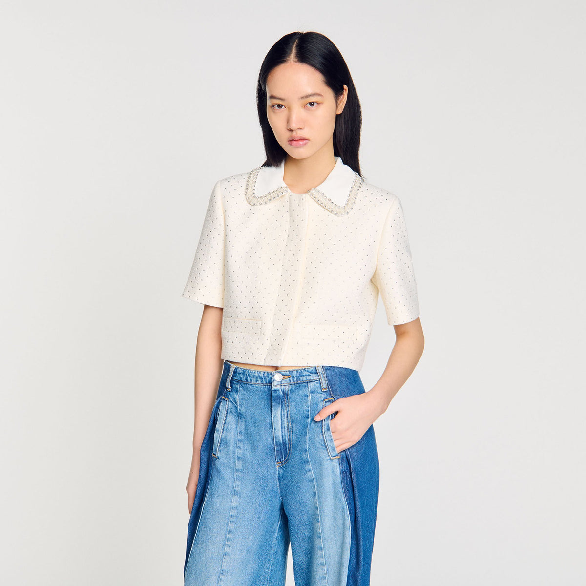 Short-sleeved rhinestone jacket | Sandro