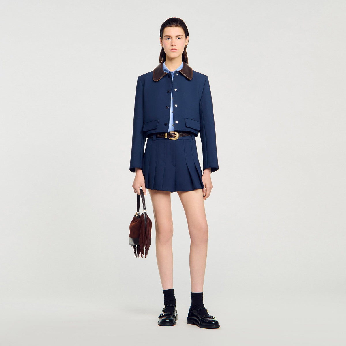 Cropped jacket with leather collar | Sandro
