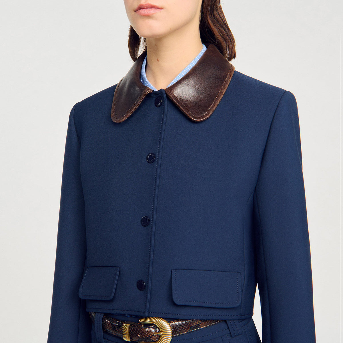Cropped jacket with leather collar | Sandro