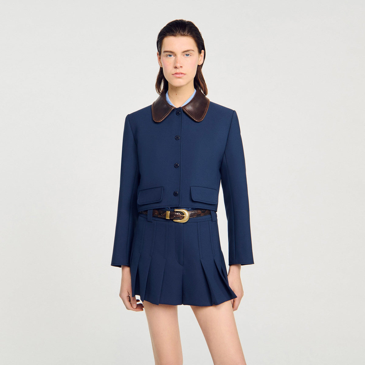 Cropped jacket with leather collar | Sandro